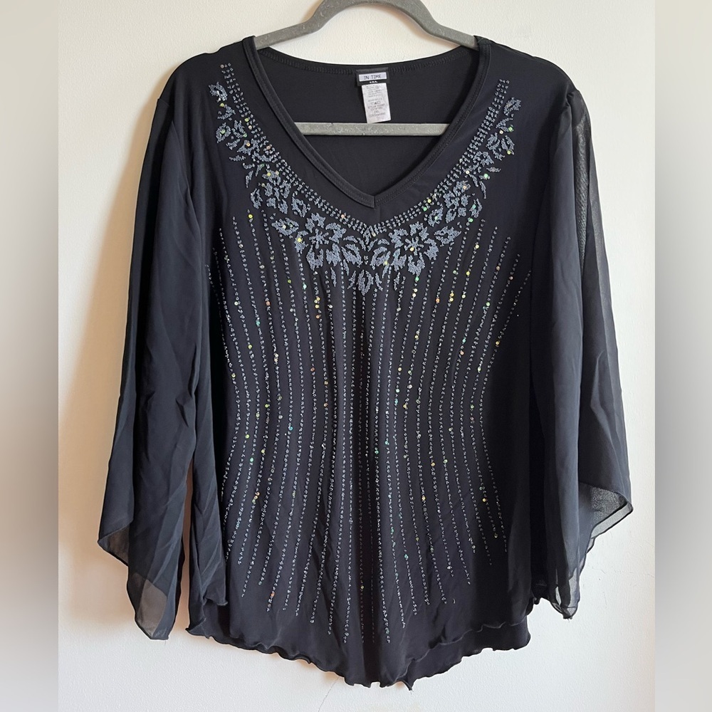 Vintage In Time USA Beaded Elegant Black V-Neck Top